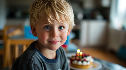Fototapeta premium happy little boy with blue eyes celebrathing his birthday