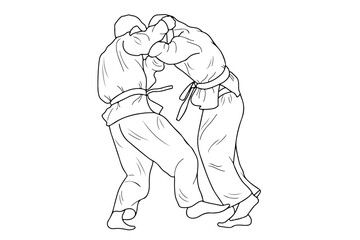 Line drawing of two young sportive judoka fighter. Judoist, judoka, athlete, duel, fight, judo