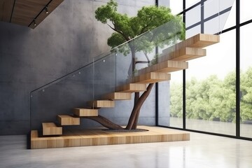 Modern elegant L shape wood cantilever stair  - obrazy, fototapety, plakaty