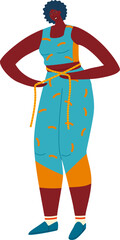 African woman in activewear holding measuring tape around waist. Body positivity and weight management concept vector illustration.