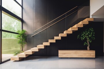 Modern elegant L shape wood cantilever stair  - obrazy, fototapety, plakaty