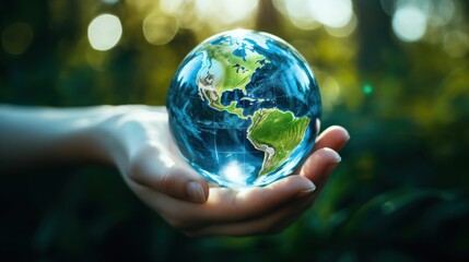 Closeup human hands holding blue sphere earth globe with nature green blur background. Generate AI