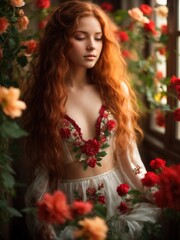 Sensual young ginger woman among flowers