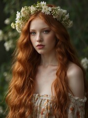Young ginger woman with a flower wreath in her hair