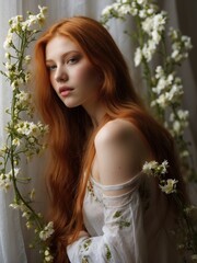 Sensual young redhead woman among flowers