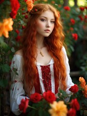 Dreaming young red-haired woman among flowers