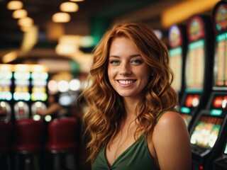 Smiling ginger young woman at casino near slot machines