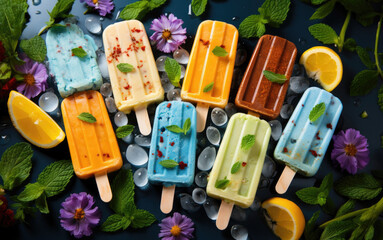colorful multicolored popsicles on a dark background with flowers and mint leaves, assorted ice cream