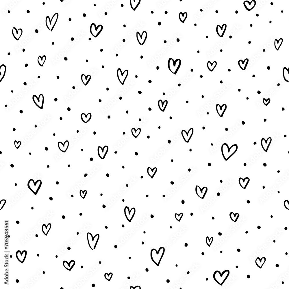 Poster Seamless Pattern with Hearts ans Dots. Simple Hand Drawn Pattern with Doodle Scatter Hearts. Vector Love Texture. Valentine's Day Sketch Line Background