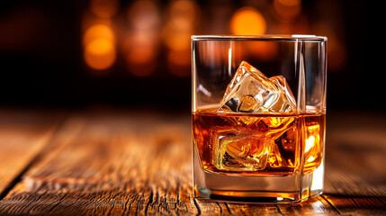 Close to the camera, a glass of whiskey with ice on a wooden table on a black background. - 705948727