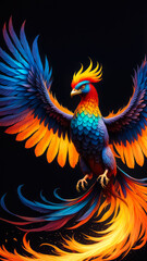 Colorful Phoenix bird with fiery feathers in a fantasy dark background - Digital art Generative AI