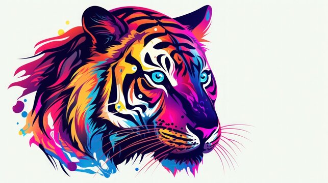 Tiger animal wildlife, rainbow vibrant colorsplash, watercolor style white background. Generate AI