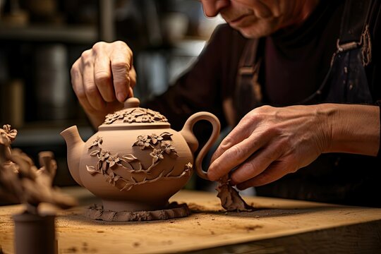 Focused potter adorning a clay teapot with delicate floral appliques in a studio