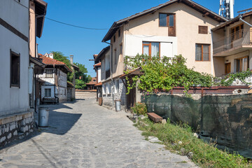 Typical street and buildings at old town of Bansko, Bulgaria