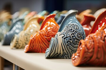 Artistic ceramic vases with intricate designs lined up on display