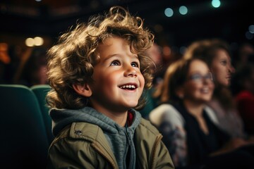 Cute excited little boy enjoying cartoon in a movie theater, the cinema entertaining, happiness, positivity childhood, emotions, technology modern. A little spectator. Entertainment industry - obrazy, fototapety, plakaty