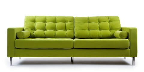 Obraz premium Series of lime green fabric sofas on brushed metal legs with pillows, isolated on a white background.