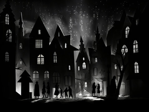 Snowy town streets in German Expressionism