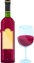 Red wine bottle next to glass half filled. Cartoon style red wine with blank label on bottle vector illustration.