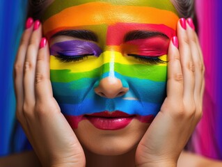Woman with a rainbow-painted face covers her face with her hands, symbolizing diversity and solidarity in the LGBTQ+ community. Coloring woman face