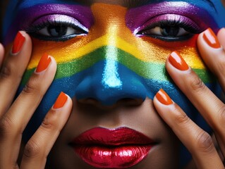 Woman with a rainbow-painted face covers her face with her hands, symbolizing diversity and solidarity in the LGBTQ+ community. Coloring woman face