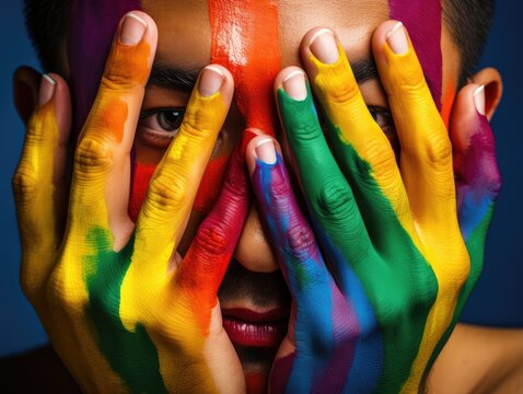 Man with a rainbow-painted face covers his face with his hands,  symbolizing diversity and solidarity in the LGBTQ+ community. Homophobia