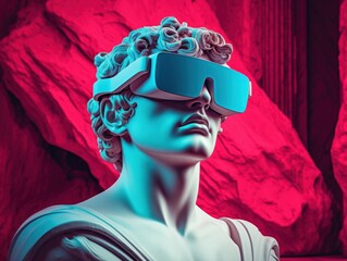 Marble figure into a futuristic scene by placing VR goggles on its eyes, creating a juxtaposition of ancient art and modern technology, neon pink color