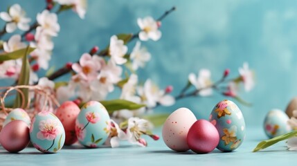 Obraz na płótnie Canvas Colorful Easter eggs with spring blossom flowers on light blue background. Greeting card with copy space. Banner.