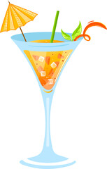 Orange tropical cocktail in a martini glass with ice, straw, umbrella, and garnish. Citrus drink for summer parties and beach bar. Refreshing beverage concept vector illustration.