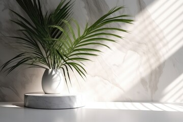 Modern white vase with green plant wooden plate on stone