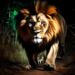 Fototapeta premium image of night trail camera footage of a giant lion in the jungle or desert
