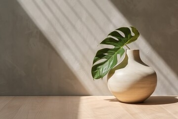 Modern white vase with green plant wooden plate on stone