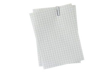 Two sheets of checkered paper held together with a white paper clip isolated transparent png. Empty memo pad.
Blank exercise book page. Document or shopping list mockup. Invoice with copy space. Note 