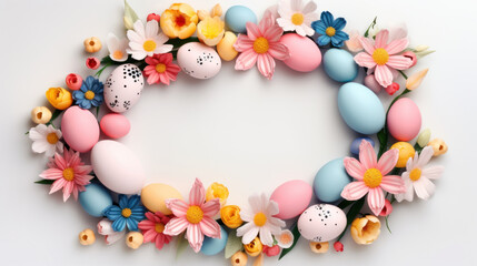 Fototapeta na wymiar Easter wreath of pastel pink and blue eggs on white background. Religion tradition pattern. View from above. Flat lay style. Happy Easter. Greeting card. Copy space.