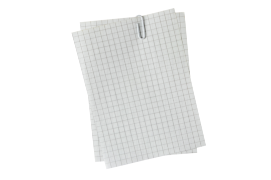 Two sheets of checkered paper held together with a white paper clip isolated transparent png. Empty memo pad.
Blank exercise book page. Document or shopping list mockup. Invoice with copy space. Note 