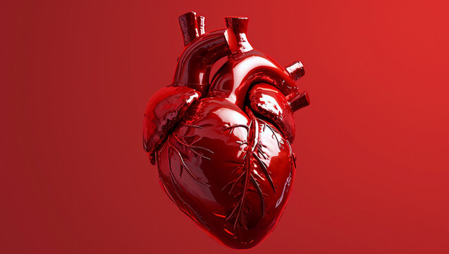 Real human heart in 3D. Red heart on red background computer graphics. A real human organ.