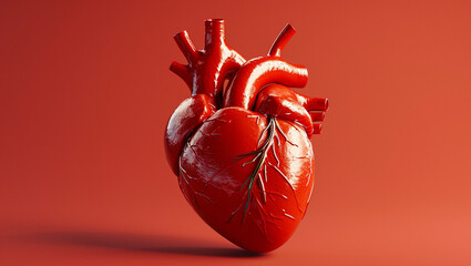 Real human heart in 3D. Red heart on red background computer graphics. A real human organ. - obrazy, fototapety, plakaty