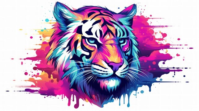Tiger animal wildlife, rainbow vibrant colorsplash, watercolor style white background. Generate AI