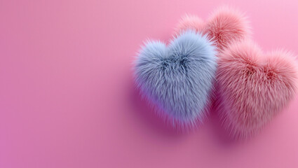 Fur hearts on a pink background. Love and Valentine's day.