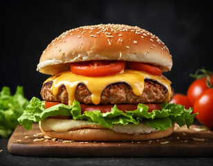 Juicy burger, topped with melted cheese, crispy lettuce and a toasted bun, grilled to perfection with fire, for an unforgettable dining experience. Generative AI