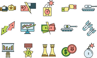 Economic trade war icons set. Outline set of economic trade war vector icons thin line color flat on white