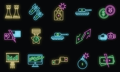 Economic trade war icons set. Outline set of economic trade war vector icons neon color on black