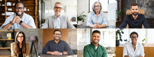 Collage of confident professionals in office settings, presenting a diverse group of individuals from various ethnicities engaging with the viewer through genuine smiles and approachable postures - obrazy, fototapety, plakaty