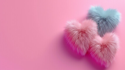 Fur hearts on a pink background. Love and Valentine's day.