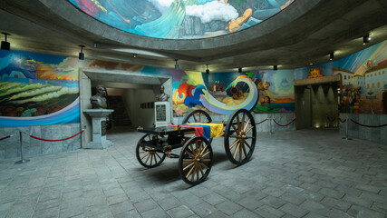 Old funeral carriage in the middle of the main hall of the Temple of the Homeland in the city of Quito