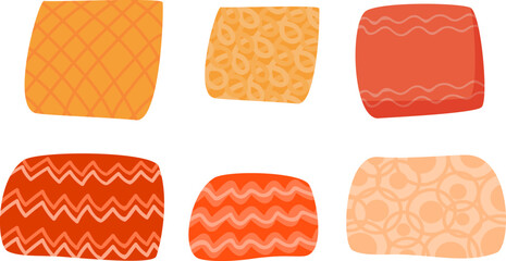 Set of six colorful abstract patterns on square shapes. Geometric and organic designs, orange and red tones. Decorative backgrounds vector illustration.