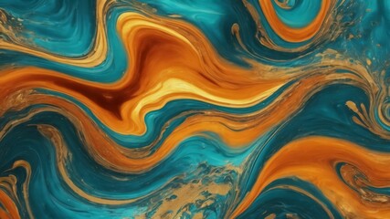 Luxurious Marbling Background. Paint Swirls in Beautiful Teal and Orange colors, with Gold Powder.Generative Ai
