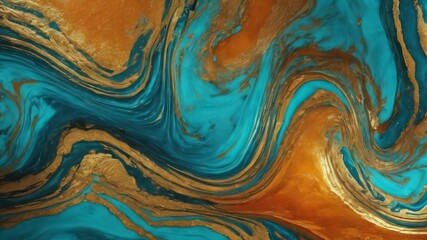 Fototapeta premium Luxurious Marbling Background. Paint Swirls in Beautiful Teal and Orange colors, with Gold Powder.Generative Ai