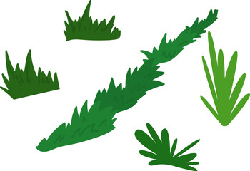 Cartoon grass patches of different shapes, green plants clipart. Simple nature design elements, vector illustration.