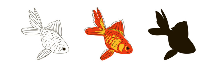 Set of three golden fish in line style and doodle in orange color, and black silhouette. Vector illustration isolated on white background